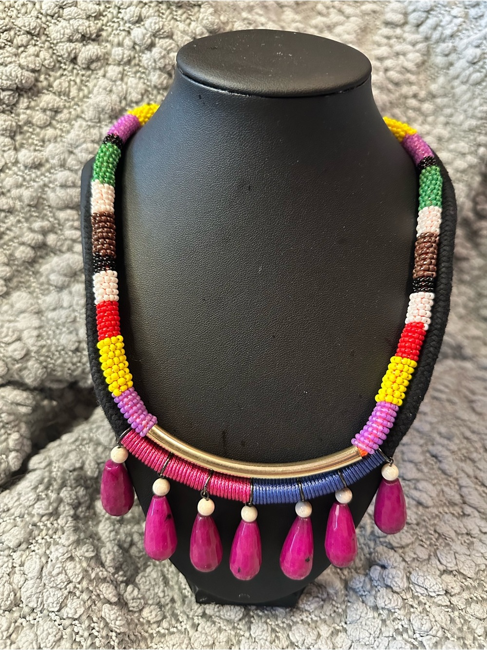 Statement Beaded Necklace with Pink Teardrop Accents